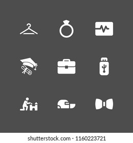 accessory icon. 9 accessory set with diamond ring shape, hanger, usb and briefcase vector icons for web and mobile app