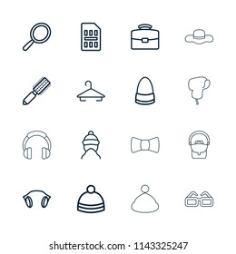 Accessory icon. collection of 16 accessory outline icons such as baby cap, mirror, hair brush, hanger, bag, winter hat, case. editable accessory icons for web and mobile.