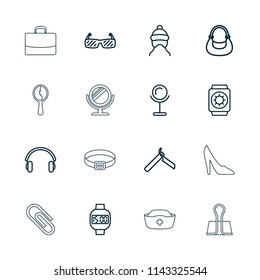 Accessory icon. collection of 16 accessory outline icons such as baby cap, bllade razor, mirror, bag, earphones, sunglasses. editable accessory icons for web and mobile.