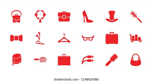 Accessory icon. collection of 18 accessory filled icons such as hair brush, necklace, woman shoe, bag, luggage, glasses. editable accessory icons for web and mobile.