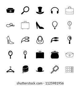 Accessory icon. collection of 25 accessory filled and outline icons such as mirror, hat, nurse hat, earphones, earphone wire. editable accessory icons for web and mobile.