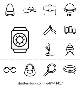 Accessory icon. set of 13 outline accessoryicons such as baby cap, bllade razor, mirror, bag, belt, earphones, hat and moustache, case, sunglasses, sun hat