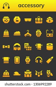 accessory icon set. 26 filled accessory icons.  Simple modern icons about  - Fish bowl, Headphones, Fishbowl, Sunglasses, Briefcase, Purse, Grater, Beret, Hanger, Smartwatch, Glasses