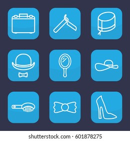 accessory icon. Set of 9 outline accessory icons such as mirror, bllade razor, hair brush, woman shoe, bow tie, nurse hat, hat and moustache, case