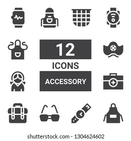 accessory icon set. Collection of 12 filled accessory icons included Apron, Wristwatch, Glasses, Briefcase, Headphones, Pirate hat, Smartwatch, Net