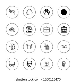 Accessory icon set. collection of 16 outline accessory icons with backpack, beater, bow tie, briefcase, clip, earphone, eye mask, gentleman, headphones, lighter icons.