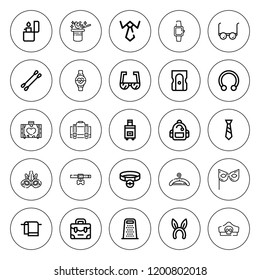 Accessory icon set. collection of 25 outline accessory icons with backpack, briefcase, collar, earbuds, eye mask, grater, headband, hanger, magic hat icons. editable icons.
