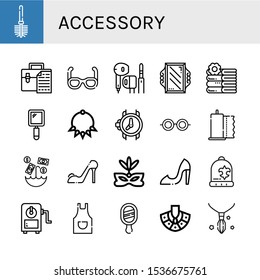 accessory icon set. Collection of Toilet brush, Briefcase, Sunglasses, Earphone, Mirror, Towels, Hand mirror, Necklace, Wristwatch, Glasses, Paper towel, Umbrella, High heels icons