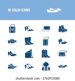Accessory icon set and freezer bag with camping bag, cone heel shoes and ballet shoes. Sandal related accessory icon vector for web UI logo design.
