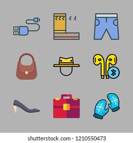 accessory icon set. vector set about mitten, hand bag, earphones and short icons set.