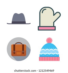 accessory icon set. vector set about briefcase, hat, mitten and winter hat icons set.