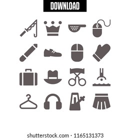 accessory icon. This set with hat, makeup, fishing rod and crown vector icons for mobile and web