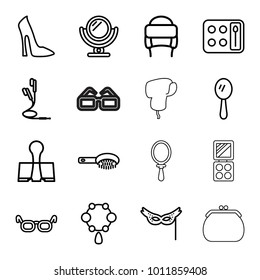 Accessory icons. set of 16 editable outline accessory icons such as mirror, hair brush, necklace, woman shoe, eyeshadow palette, winter hat, glasses, earphones, paper clamp