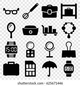 Accessory icons set. set of 16 accessory filled icons such as umbrella, luggage storage, mirror, necklace, eyeshadow palette, nurse hat, paper clamp, corolla, sim card, case