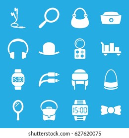Accessory icons set. set of 16 accessory filled icons such as mirror, hat, eyeshadow palette, bag, winter hat, bow tie, nurse hat, earphones, earphone wire, wrist dial watch