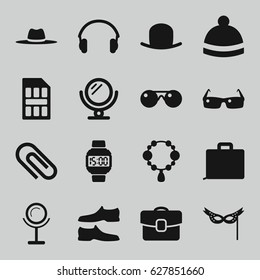 Accessory icons set. set of 16 accessory filled icons such as mirror, hat, necklace, man shoe, winter hat, earphones, mask, sim card, case, sunglasses, wrist dial watch