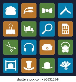 Accessory icons set. set of 16 accessory filled icons such as luggage storage, bllade razor, mirror, hat, bag, bow tie, nurse hat, medical scissors, earphones, earphone wire