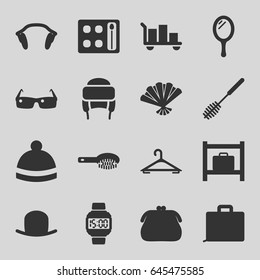 Accessory icons set. set of 16 accessory filled icons such as luggage storage, mirror, hair brush, hat, hanger, eyeshadow palette, toilet brush, winter hat, earphones, fan