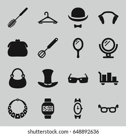 Accessory icons set. set of 16 accessory filled icons such as mirror, hanger, wrist watch, toilet brush, bag, earphones, hat and moustache, hat, corolla, sunglasses