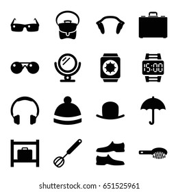 Accessory icons set. set of 16 accessory filled icons such as luggage storage, mirror, hair brush, hat, man shoe, bag, winter hat, earphones, case, corolla, sunglasses