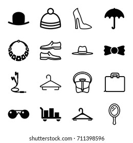 Accessory icons set. set of 16 accessory filled and outline icons such as umbrella, hat, hanger, bow tie, earphones, sunglasses, necklace, mirror, woman shoe, man shoe, bag