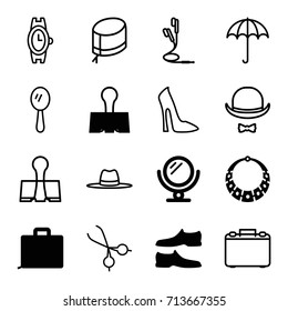 Accessory icons set. set of 16 accessory filled and outline icons such as mirror, man shoe, paper clamp, necklace, umbrella, woman shoe, wrist watch, hat, nurse hat