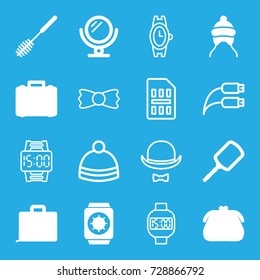 Accessory icons set. set of 16 accessory filled and outline icons such as baby cap, mirror, toilet brush, case, wrist watch with sun, wrist watch, winter hat, bow tie