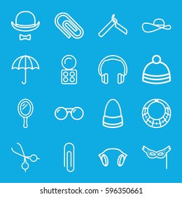 accessory icons set. Set of 16 accessory outline icons such as mirror, bllade razor, eyeshadow palette, bag, winter hat, medical scissors, earphones, hat and moustache, mask