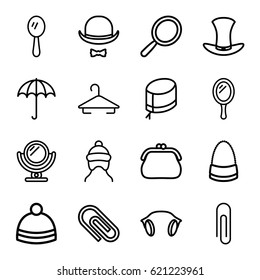 Accessory icons set. set of 16 accessory outline icons such as umbrella, baby cap, mirror, hanger, bag, winter hat, nurse hat, earphones, purse, paper clip