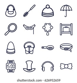 Accessory icons set. set of 16 accessory outline icons such as luggage storage, mirror, hair brush, necklace, toilet brush, bag, winter hat, belt, bow tie, earphones, mask