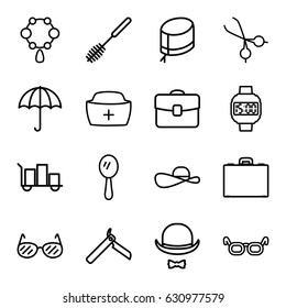 Accessory icons set. set of 16 accessory outline icons such as bllade razor, mirror, necklace, toilet brush, nurse hat, medical scissors, case, hat and moustache, sunglasses