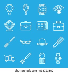 Accessory icons set. set of 16 accessory outline icons such as mirror, hair brush, hat, necklace, eyeshadow palette, wrist watch, toilet brush, fan, corolla, case