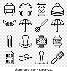 Accessory icons set. set of 16 accessory outline icons such as umbrella, hair brush, winter hat, paper clamp, mask, hat, corolla, sim card, sun hat, wrist dial watch