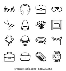 Accessory icons set. set of 16 accessory outline icons such as luggage storage, necklace, bag, belt, nurse hat, medical scissors, hat and moustache, mask, fan, case