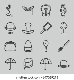 Accessory icons set. set of 16 accessory outline icons such as umbrella, mirror, hat, wrist watch, toilet brush, bag, nurse hat, earphones, hat and moustache, mask