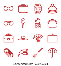 Accessory icons set. set of 16 accessory outline icons such as mirror, eyeshadow palette, toilet brush, winter hat, bow tie, hat, earphone wire, case, fan, sunglasses