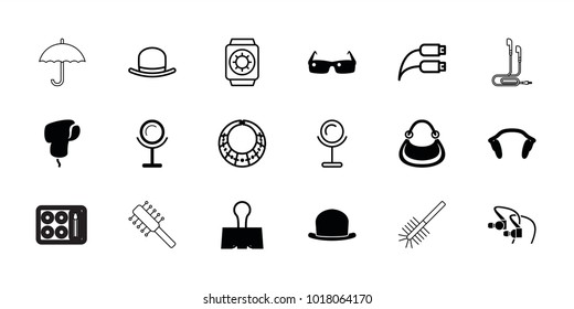 Accessory icons. set of 18 editable filled and outline accessory icons: mirror, earphones, paper clamp, sunglasses, hat, earphone wire, necklace, wrist watch with sun, bag