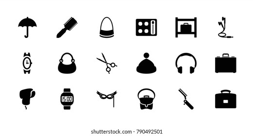 Accessory icons. set of 18 editable filled accessory icons: luggage storage, hair brush, eyeshadow palette, wrist watch, bag, headphones, case, umbrella, medical scissors