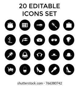 Accessory icons. set of 20 editable filled accessory icons such as hair brush, hat, woman shoe, case, nurse hat, earphones, earphone wire, sunglasses, eyeshadow palette