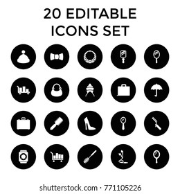 Accessory icons. set of 20 editable filled accessory icons such as baby cap, mirror, hair brush, woman shoe, toilet brush, bag, luggage, case, umbrella, earphones, necklace