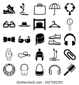 Accessory icons. set of 25 editable filled and outline accessory icons such as luggage storage, hanger, necklace, bag, bow tie, hat, nurse hat, earphones, clip, sunglasses