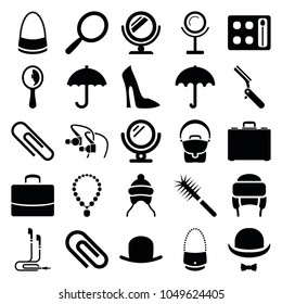 Accessory icons. set of 25 editable filled accessory icons such as umbrella, baby cap, mirror, hat, woman shoe, eyeshadow palette, bag, winter hat, clip, case