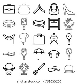 Accessory icons. set of 25 editable outline accessory icons such as umbrella, luggage storage, baby cap, bllade razor, mirror, bag, belt, case, earphones, hat and moustache