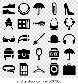 Accessory icons set. set of 25 accessory filled icons such as umbrella, baby cap, mirror, hair brush, hat, hanger, necklace, woman shoe, eyeshadow palette, toilet brush