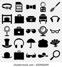 Accessory icons set. set of 25 accessory filled icons such as luggage storage, mirror, hat, eyeshadow palette, toilet brush, winter hat, belt, bow tie, earphones, case, fan