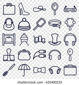 Accessory icons set. set of 25 accessory outline icons such as luggage storage, baby cap, mirror, necklace, woman shoe, toilet brush, bag, winter hat, belt, bow tie, earphones