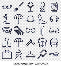 Accessory icons set. set of 25 accessory outline icons such as umbrella, baby cap, bllade razor, hair brush, mirror, hat, hanger, eyeshadow palette, woman shoe, toilet brush
