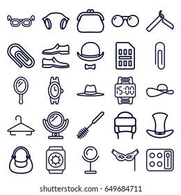 Accessory icons set. set of 25 accessory outline icons such as mirror, bllade razor, hanger, eyeshadow palette, wrist watch, toilet brush, man shoe, bag, winter hat, hat