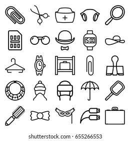 Accessory icons set. set of 25 accessory outline icons such as umbrella, luggage storage, baby cap, mirror, hair brush, hanger, wrist watch, winter hat, bow tie, nurse hat
