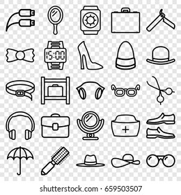 Accessory icons set. set of 25 accessory outline icons such as umbrella, luggage storage, mirror, bllade razor, hair brush, hat, woman shoe, man shoe, bag, belt, bow tie